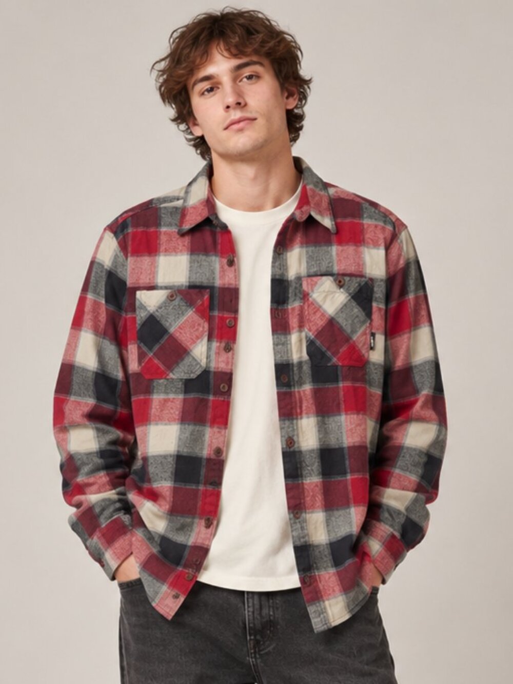 Rusty Red Gray Cream Plaid Cotton Flannel Shirt Men’s Large